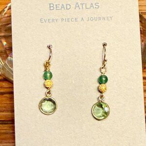 Handmade Bead Earrings Green Stone & Pale Green Glass Drop with Goldtone Accent